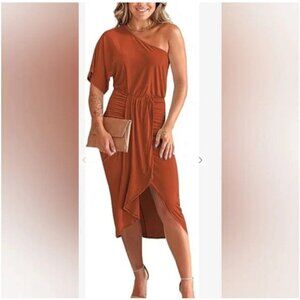 Burnt Orange Asymmetrical 1 Shoulder Dress By Fashion Ruching In Front Small NWT